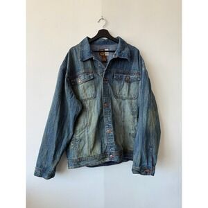 Vintage Noiz Denim Jacket Mens 2XL Blue Distressed Trucker Button Up Y2K Hip Hop